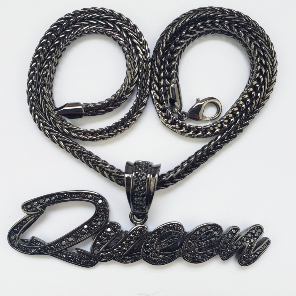 King Ice, "Queen" Designer Streetwear Pendent Black Onyx Round Chain, 20" Long - Picture 7 of 15